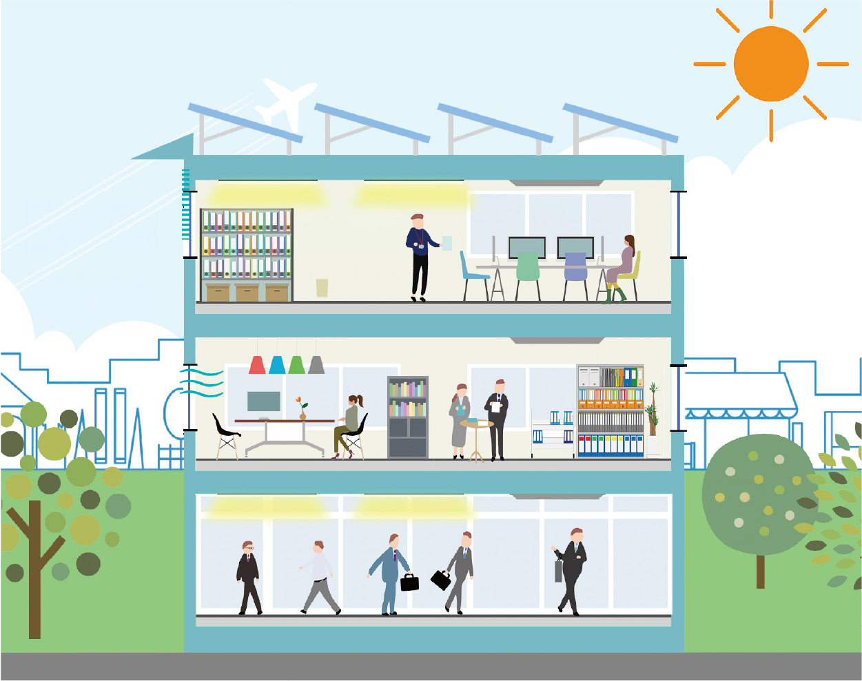 ZEBの省エネルギー設備を示した建物イラスト